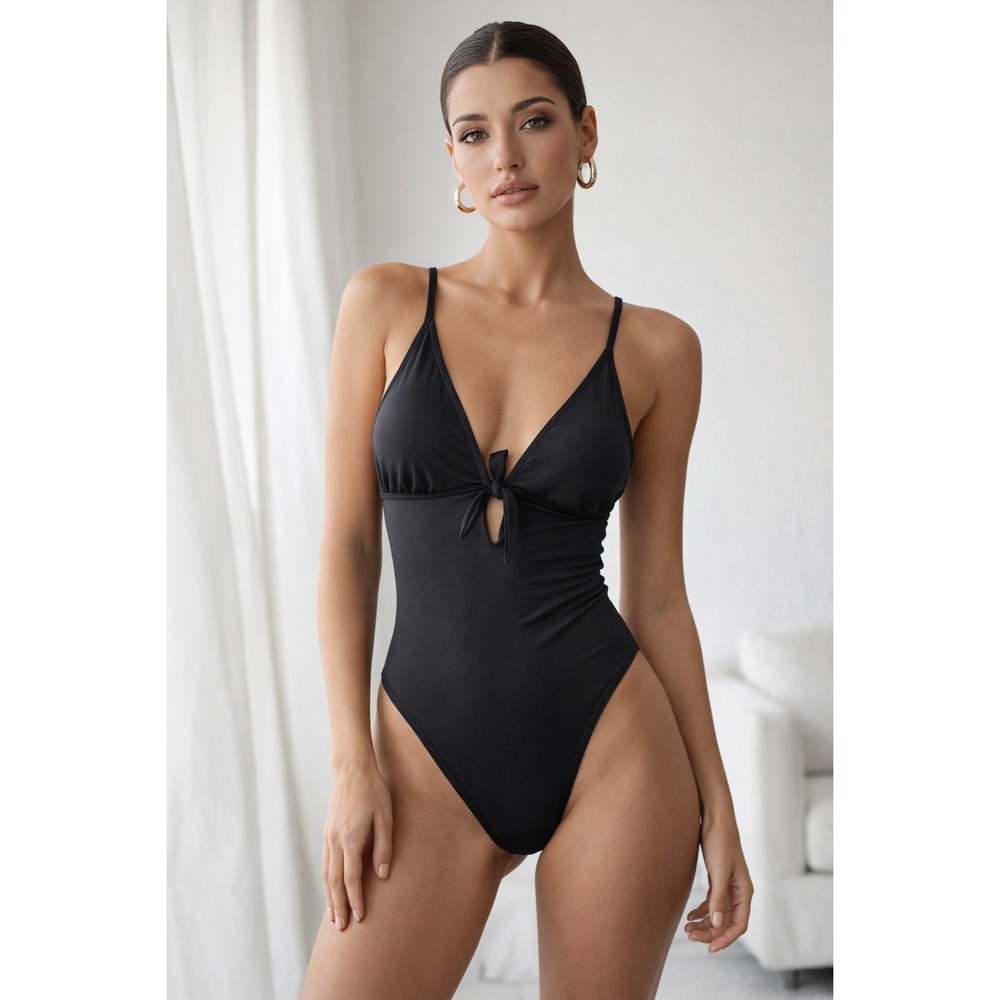 Shade & Shore‎ Swimsuit Womens Small Black One Piece Tummy Control Tie Back